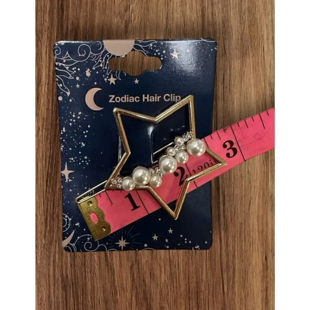 NWT 2 Inch Zodiac Gold Plated Metal Faux Imitation Pearl Star Hair Clip Barrette